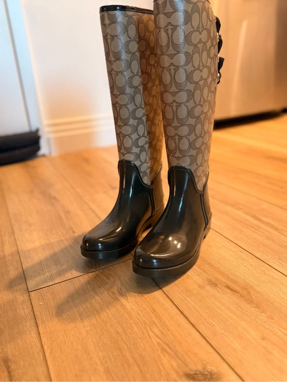 Coach Beige BrownSignature Tall Rain Boots with Brown Trim